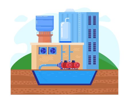 Water pump station in industrial factory vector illustration, cartoon flat industry pumps take clean water from tank reservoirのイラスト素材