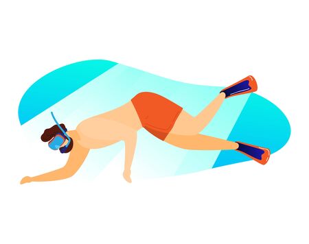 Scuba diving male character, travel tropical country underwater relax swimming isolated on white, cartoon vector illustration.のイラスト素材