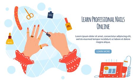 Home beauty procedures vector illustration, cartoon flat woman hands making manicure with nailbrush, nail polish and painting processのイラスト素材