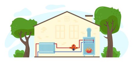 House heating pump system flat vector illustration, cartoon domestic gas boiler heater furnace, pipeline and radiator pipe equipmentのイラスト素材