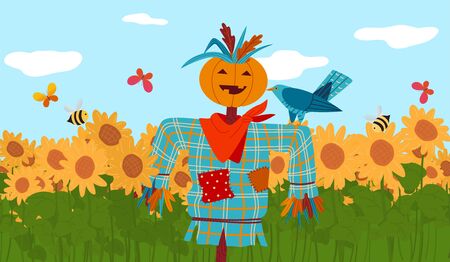 Scarecrow in front of sunflower field, autumn harvest season, halloween or thanksgiving holiday poster, cartoon vector illustration.のイラスト素材