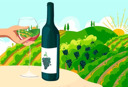 Travel in Italy poster with wine bottle, hand holding glass on vineyard field in nature landscape in green Tuscany, Italy vector illustration.のイラスト素材