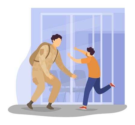 Character military person returning war, son meeting soldier father isolated on white, flat vector illustration. Warfare action serviceman back home.のイラスト素材