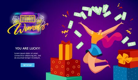 Casino gambling winner, lucky game player beautiful woman with money and gifts flat vector illustration. Gambling in casino.のイラスト素材