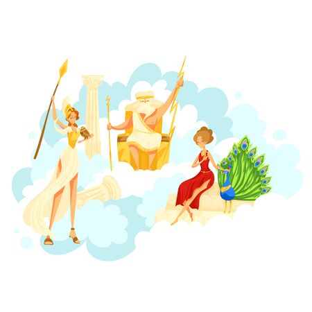 Character greek male female sitting sky kingdom, cloudy heaven place isolated on white, cartoon vector illustration. Zeus Hera with peacock, Artemis.のイラスト素材
