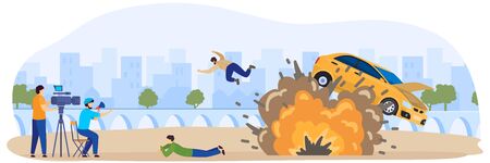 Cinema, filming movie process with cars crash, fire and stunt actor, video operators cartoon vector illustration. Film, cinema motion.のイラスト素材