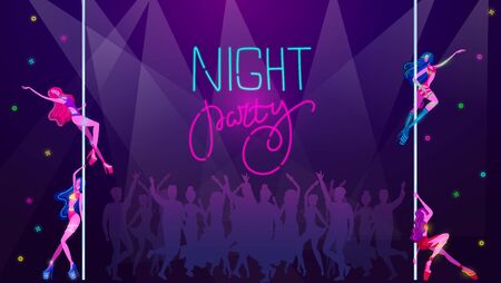 Neon party in night disco club, dancing people silhouettes, music glow bright light vector illustration. Sexy girls dancing in disco music. Neon nightclub glowing vibes with electric lights.のイラスト素材