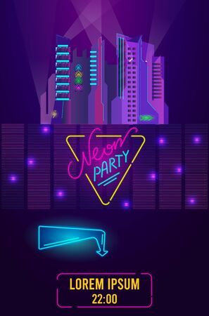 Night club party invitation with night cityscape neon lights disco music glow light vector illustration. Neon party or performance poster of nightclub glowing neon electric lights.のイラスト素材