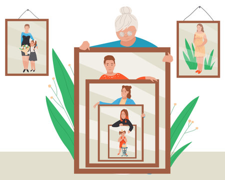 Woman age vector illustration. Cartoon flat elderly lady holding mirror with reflection of aging...