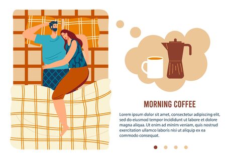 People sleep in bed flat vector illustration. Cartoon couple man woman characters hugging, sleeping together under cozy blanket in bedtime, woke up in morning for coffee cup top view hand drawn bannerのイラスト素材