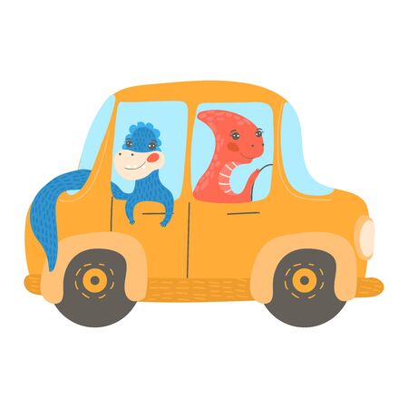 Pretty, cartoon dinosaur ride on transport, fun driving, amusement travel, flat style vector illustration, isolated on white.のイラスト素材