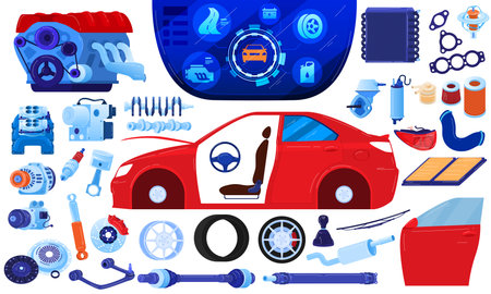 Car spare auto part repair vector illustration set, cartoon flat engine motor car, bolt nut...