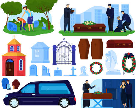 Funeral burial cemetery death ceremony vector illustration set, cartoon flat sad people, ceremonial hearse car near coffin with dead personのイラスト素材