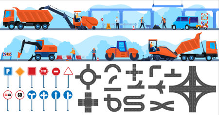 Road repair construction vector illustration flat set, cartoon worker repairman character working on...