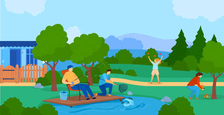Summer outdoor activity flat vector illustration, cartoon active family or friends characters spend time in nature together backgroundのイラスト素材