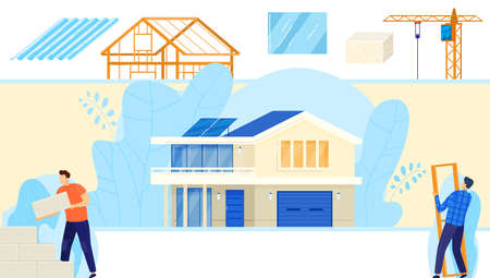 Building construction technology vector illustration, cartoon flat builder worker character team working in city house constructig processのイラスト素材