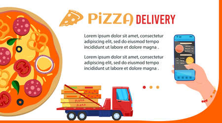 Pizza delivery vector illustration, cartoon flat mobile app banner with human hand holding smartphone for fast food order in pizzeriaのイラスト素材