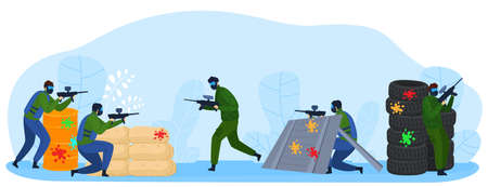 People play paintball game flat vector illustration, cartoon player fighter warrior characters shooting with marker guns isolated on whiteのイラスト素材