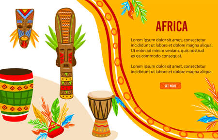 Ethnic tribe of Africa vector illustration, cartoon flat tribal aboriginal art culture objects, ritual warrior mask, African drum bannerのイラスト素材