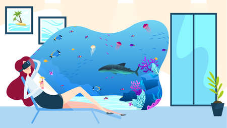 Virtual reality glasses vector illustration, cartoon flat businesswoman character lying on sofa, diving with fishes on sea bottom backgroundのイラスト素材