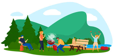 People on bbq grill party flat vector illustration, cartoon family or friend character cooking grilled barbecue meat steak isolated on whiteのイラスト素材