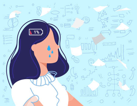 Burnout overwork business people flat vector illustration, cartoon sad employee, overworked businesswoman crying due to burnout work problemのイラスト素材