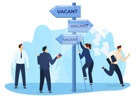 Recruiting job vector illustration, cartoon flat recruit candidate character search corporate vacancy job or career growth isolated on whiteのイラスト素材