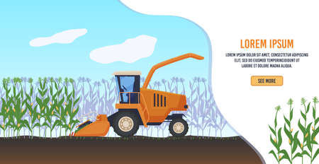 Farming agriculture vector illustration, cartoon flat agricultural agrarian tractor or farmers combine harvester working, agronomy bannerのイラスト素材