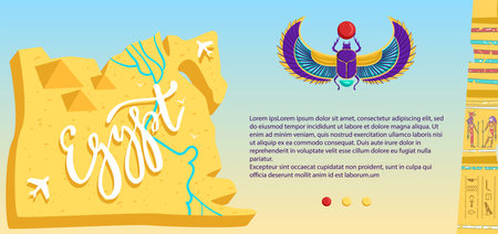 Ancient Egypt vector illustration, cartoon flat Egyptian scarab, travel map with desert, flying...