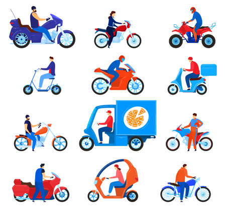 City transport motorbikes vector illustration set, cartoon flat driver characters on bikes, riders driving motorcycle, scooterのイラスト素材