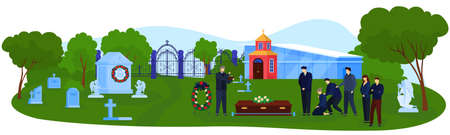 Funeral cemetery ceremony vector illustration, cartoon flat funerary ceremonial group of people standing near coffin in graveyardのイラスト素材
