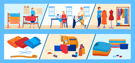 Textile industry vector illustration set, cartoon flat professional dressmaker seamstress working,...