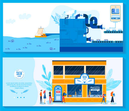 Food can product package for grocery shop vector illustration set, cartoon flat fishing industrial process infographic bannersのイラスト素材