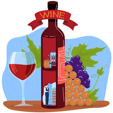 Grape wine product vector illustration, cartoon flat factory producting winemaking process concept with storage production scenesのイラスト素材