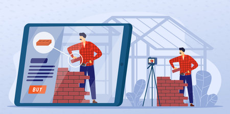 Masonry stonework online lesson vector illustration, cartoon builder stonemason people work in...