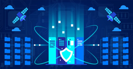 Data center vector illustration, cartoon blue abstract tech modern internet database concept with...