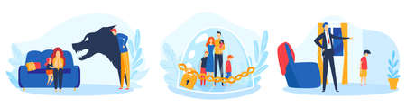 Family conflict, parents children problem vector illustration set, cartoon bad problematic family relationships isolated on whiteのイラスト素材