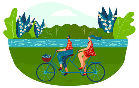 Tandem bike ride vector illustration, cartoon flat happy couple people riding tandem bicycle together, healthy outdoor activityのイラスト素材