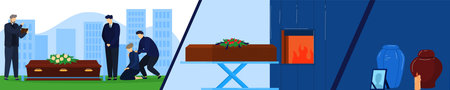 Funeral service vector illustration, cartoon flat ritual ceremonial people standing near coffin, cremation urns in crematoryのイラスト素材