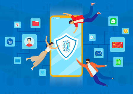 Mobile security vector illustration, cartoon flat tiny people with smartphone and personal data secure symbol on phone screenのイラスト素材