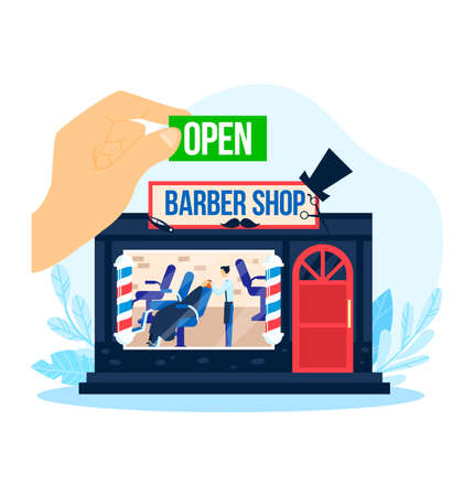 Barbershop open, vector illustration. Barber shop salon business, flat design for cartoon man haircut. Cartoon hairdressing worker characterのイラスト素材