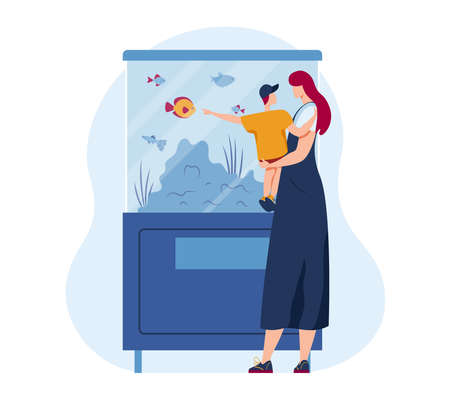 Family pet in cartoon aquarium illustration. Sea animal in water, aquatic goldfish and tropical ocean fish underwater background.のイラスト素材
