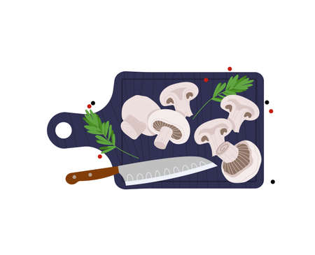 Sliced mushroom, kitchen knife, cooking food, vegetable food board, isolated on white, design, flat style vector illustration.のイラスト素材