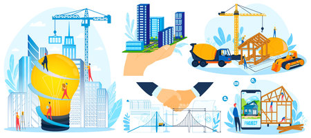 Building construction project design vector illustration set, cartoon flat tiny worker builder...