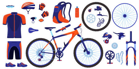 Bike bicycle vector illustration set, cartoon flat cycle parts infographic elements collection of cyclist gear, sportswearのイラスト素材