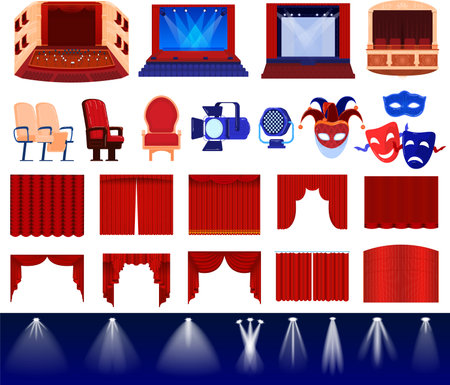 Theater stage decoration vector illustration set, cartoon flat theatre decorative items collection with red curtains, masks, chairのイラスト素材