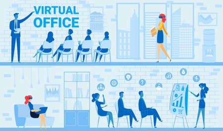 People in virtual business office meeting vector illustration, cartoon flat businesswoman in tech vr glasses sitting with laptopのイラスト素材