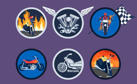 Bikers with motorcycles logo vector illustration set, cartoon flat moto club round emblem sticker collection, different motorbikesのイラスト素材
