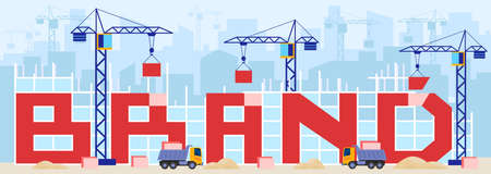Build brand, business concept vector illustration, cartoon flat brand building construction with cranes, machinery and trucksのイラスト素材