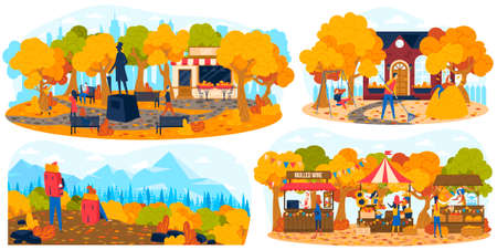 People in autumn park outdoor, hiking in fall nature, autumn market set of vector illustration. Entertainment outside home, nice weather.のイラスト素材